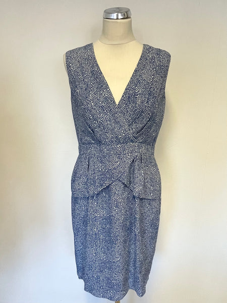 WHISTLES BLUE & WHITE SPOT SILK SLEEVELESS PENCIL DRESS SIZE 12