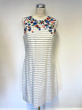 LK BENNETT BEA BLUE & WHITE STRIPE WITH FLORAL EMBROIDERY SHIFT DRESS SIZE 12