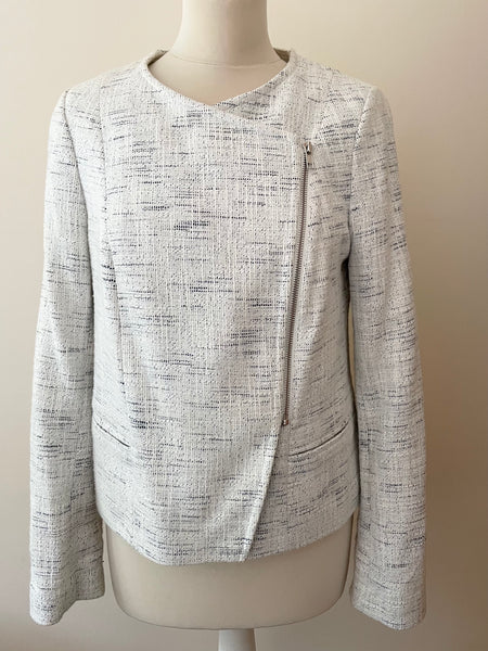 JOHN LEWIS CAPSULE COLLECTION IVORY & NAVY BLUE FLECK COLLARLESS ZIP UP JACKET SIZE 12