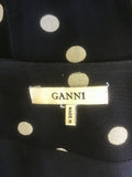 GANNI NAVY BLUE POLKA DOT LONG SLEEVE LONG WRAP DRESS SIZE 36 UK 8/10