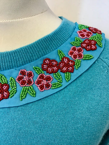 MANOUSH TURQUOISE FLORAL BEADED TRIM & GOLD SEQUINNED TIE BELT JUMPER SIZE M