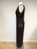 GIA SCALA BROWN SILK BRONZE BEADED SLEEVELESS LONG EVENING DRESS SIZE 12