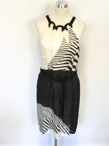 RENE DERHY BLACK & IVORY STRIPE DESIGN LINEN & SILK TRIM SLEEVELESS DRESS SIZE L UK 14