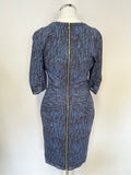 WHISTLES BLUE & BLACK PRINT SHORT SLEEVE SILK REAR ZIP PENCIL DRESS SIZE 8