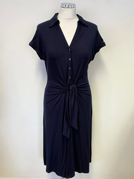 PHASE EIGHT NAVY BLUE COLLARED TIE FRONT JERSEY A-LINE DRESS  SIZE 10