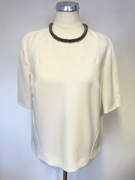 WHISTLES IVORY & PEWTER BEADED NECKLINE SHORT SLEEVE TOP SIZE 10