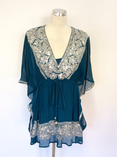 MONSOON KINGFISHER GREEN & SILVER SEQUINNED SILK KAFTAN TOP SIZE 10