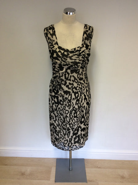 LK BENNETT BLACK & IVORY ANIMAL PRINT SILK PENCIL DRESS SIZE 16