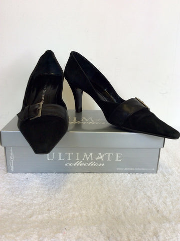 ULTIMATE COLLECTION BLACK SUEDE & LEATHER BUCKLE TRIM HEELS SIZE 7.5/41