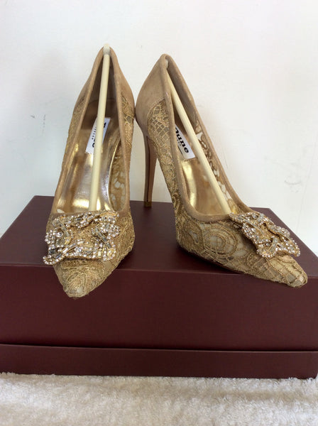 BRAND NEW DUNE GOLD LACE WITH DIAMANTÉ JEWEL TRIM HEELS SIZE 3.5/36