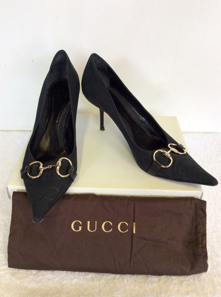 GUCCI BLACK TEXTILE & LEATHER MONOGRAM HORSE BIT TRIM HEELS SIZE 7.5 / 41.5