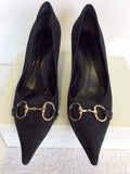 GUCCI BLACK TEXTILE & LEATHER MONOGRAM HORSE BIT TRIM HEELS SIZE 7.5 / 41.5