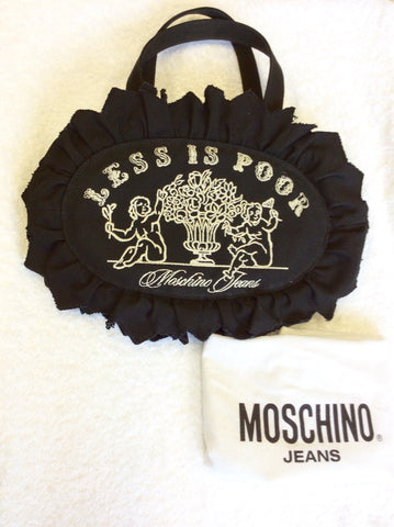 MOSCHINO JEANS BLACK & WHITE EMBROIDERED CANVAS HANDBAG