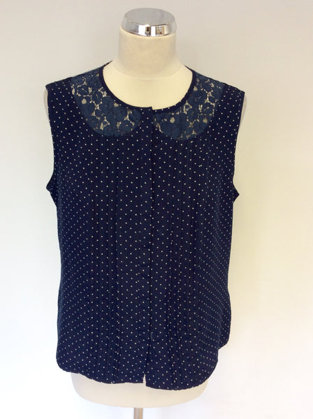 WHISTLES DARK BLUE & WHITE SPOT LACE TRIM TOP SIZE 12