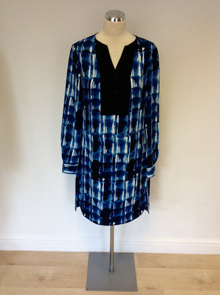 KAREN MILLEN BLUE, TURQOUISE,BLACK & WHITE PRINT SHIFT DRESS SIZE 12