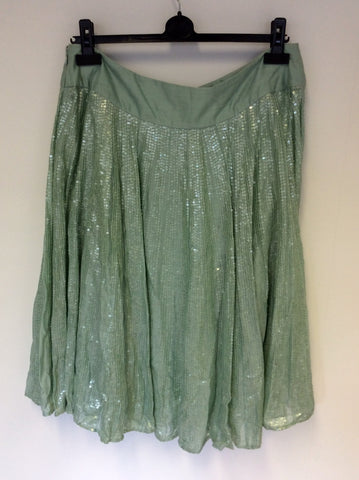 MONSOON GREEN SEQUINNED FLIPPY SILK & COTTON SKIRT SIZE 14