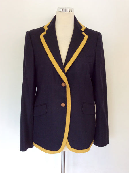 VILAGALO DARK BLUE & MUSTARD TRIM WOOL BLAZER JACKET SIZE 46 UK 14