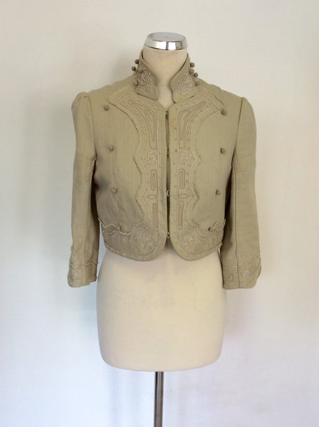 NICKEL BEIGE EMBROIDERED APPLIQUÉ TRIM SHORT JACKET SIZE 10