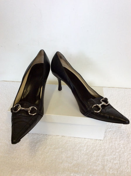 GUCCI BLACK LEATHER & SILVER METAL TRIM HEELS SIZE 7.5/41.5