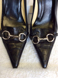 GUCCI BLACK LEATHER & SILVER METAL TRIM HEELS SIZE 7.5/41.5