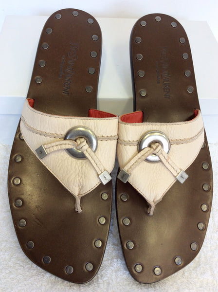 YVES SAINT LAURENT CREAM LEATHER TOE POST SANDALS/ FLIP FLOPS SIZE 7.5/41