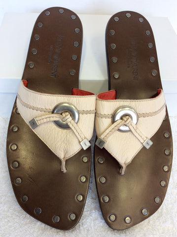 YVES SAINT LAURENT CREAM LEATHER TOE POST SANDALS/ FLIP FLOPS SIZE 7.5/41