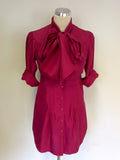 TED BAKER FUSHIA PINK SILK PUSSY BOW SHIRT DRESS SIZE 2 UK 10