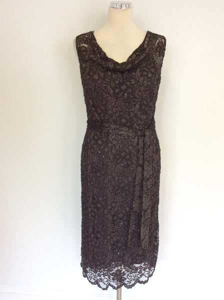 PHASE EIGHT DARK BROWN BEADED & SEQUINNED LACE DRESS SIZE 12