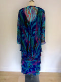 CATIVA TURQOUISE PRINT SILK DRESS & OVER BLOUSE/JACKET SIZE 16