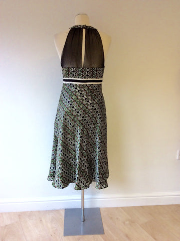 COAST BLACK,WHITE,GREEN & BROWN PRINT SILK DRESS SIZE 12