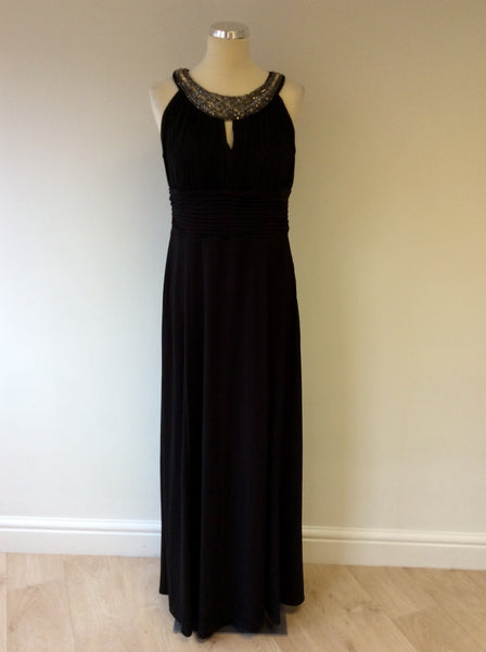 SANGRIA SILVER BEADED NECKLINE LONG BLACK OCCASION DRESS SIZE 14/16