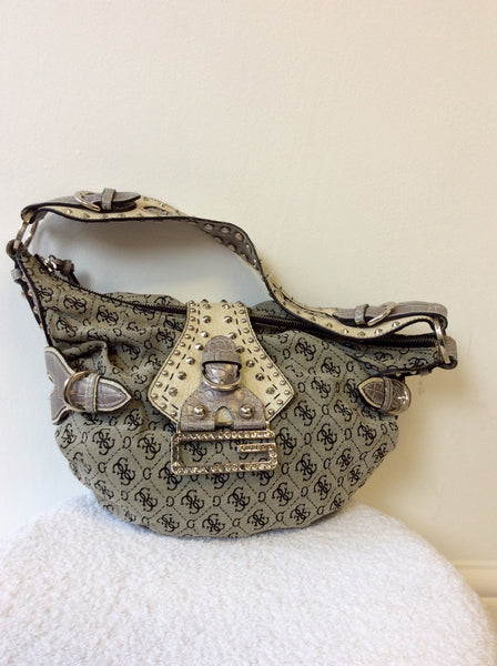 GUESS GREY TEXTILE & LEATHER STUDDED TRIM SHOULDER BAG