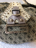 GUESS GREY TEXTILE & LEATHER STUDDED TRIM SHOULDER BAG