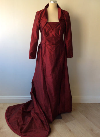 Susan Forth Deep Red Silk Ball Gown With Train & Bolero Jacket Size 12/14 - Whispers Dress Agency - Womens Dresses - 1