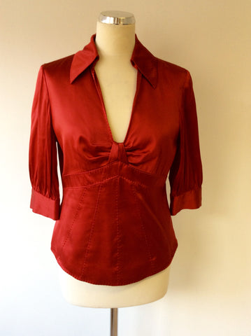 KAREN MILLEN RED SILK V NECK BLOUSE SIZE 14 - Whispers Dress Agency - Womens Tops - 1