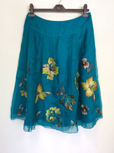 COAST KINGFISHER GREEN SILK EMBROIDERED SKIRT SIZE 12