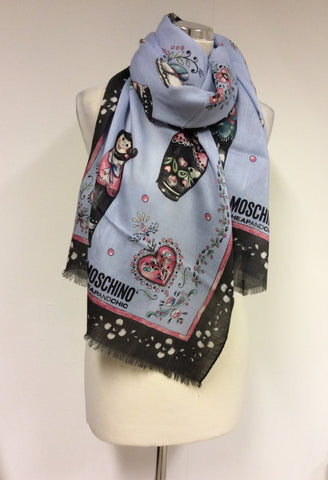 MOSCHINO CHEAP & CHIC LIGHT BLUE RUSSIAN DOLL PRINT SCARF