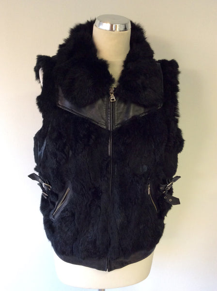 HOLLIES STOCKHOLM BLACK LEATHER & RABBIT FUR GILET SIZE 44 UK 16 - Whispers Dress Agency - Womens Gilets & Body Warmers - 1