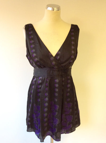 TED BAKER BLACK,GREY & PURPLE SILK TUNIC TOP SIZE 3 UK 12