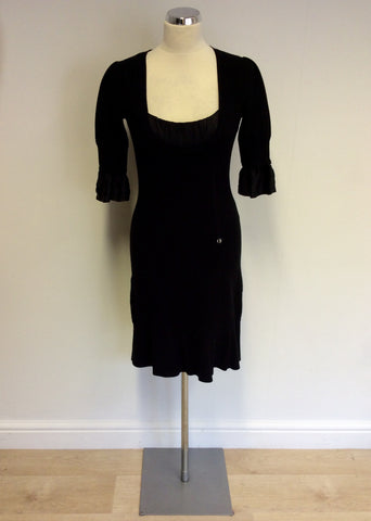 KAREN MILLEN BLACK KNIT & SILK TRIM DRESS SIZE 2 UK 10/12 - Whispers Dress Agency - Womens Dresses - 1