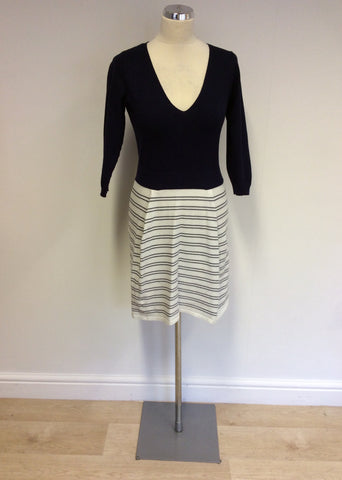 KAREN MILLEN NAVY BLUE & WHITE FINE KNIT DRESS SIZE 2 UK 10/12 - Whispers Dress Agency - Womens Dresses - 1