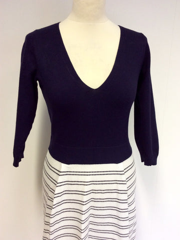 KAREN MILLEN NAVY BLUE & WHITE FINE KNIT DRESS SIZE 2 UK 10/12 - Whispers Dress Agency - Womens Dresses - 2