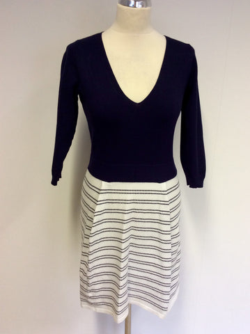 KAREN MILLEN NAVY BLUE & WHITE FINE KNIT DRESS SIZE 2 UK 10/12 - Whispers Dress Agency - Womens Dresses - 3