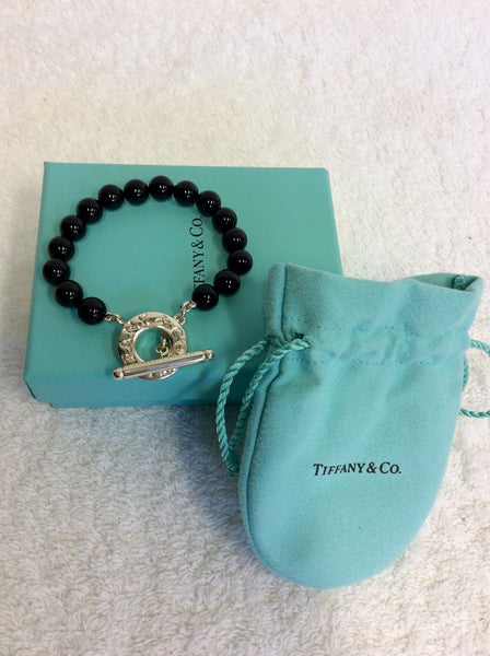 BRAND NEW TIFFANY & CO BLACK ONYX BEADED & STIRLING SILVER TOGGLE BRACELET - Whispers Dress Agency - Womens Jewellery - 1