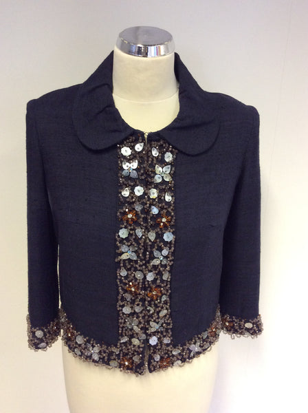 LK BENNETT DARK BLUE SILK BEADED JACKET SIZE 8