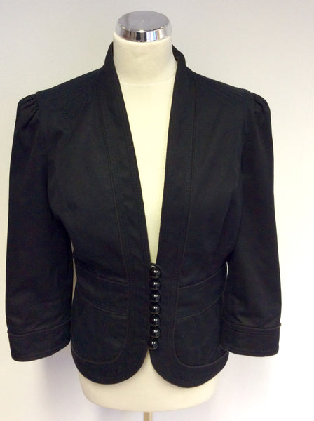 JAEGER BLACK COTTON & SILK TRIM 3/4 LENGTH SLEEVES JACKET SIZE 14