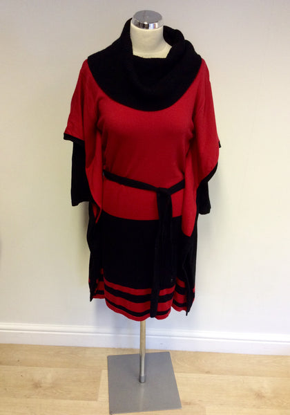 KAREN MILLEN BLACK & RED WOOL BLEND KNIT DRESS SIZE 4 UK 14/16