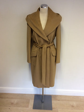 HOBBS CAMEL ANGORA & WOOL BELTED KNEE LENGTH COAT SIZE 12