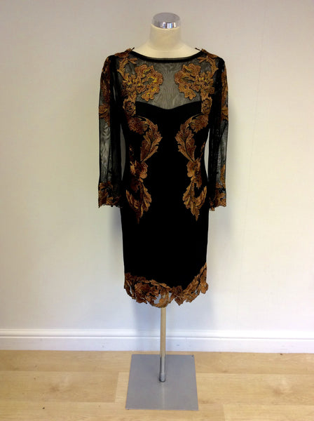 KAREN MILLEN BLACK & COPPER EMBROIDERED FLORAL DRESS SIZE 14