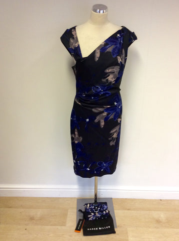 BRAND NEW KAREN MILLEN BLACK & BLUE FLORAL DRESS & MATCHING CLUTCH BAG SIZE 14